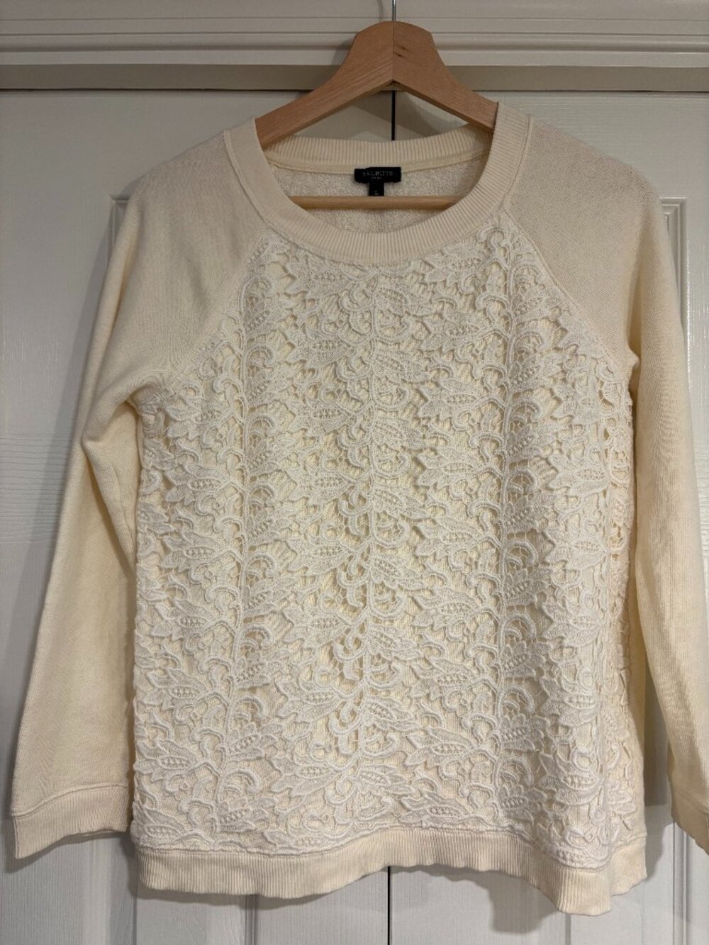 Talbots Petites Lace Front Crewneck Sweater Sweatshirt Cream Size SP